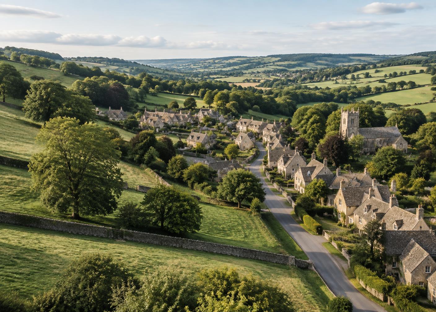Cotswolds village among rolling green countryside